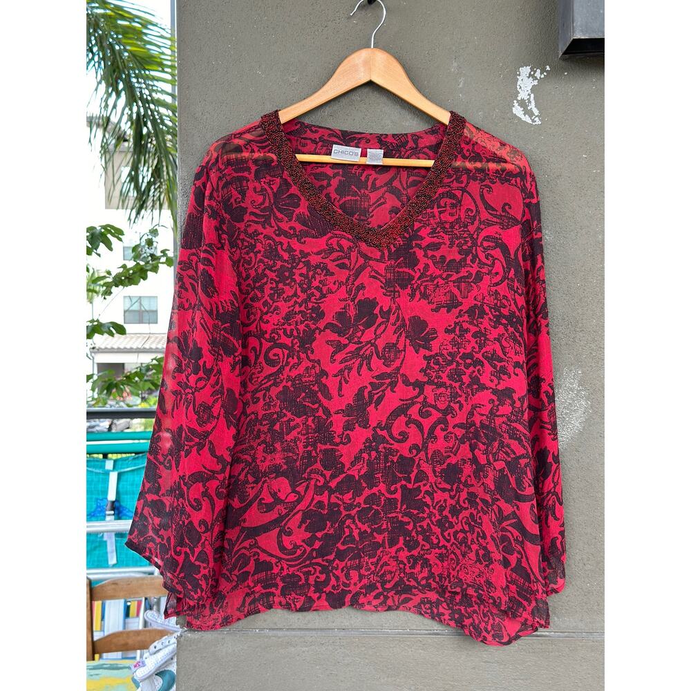 Vintage Chico's Beaded 100% Silk Blouse Womens Large Mesh Sheer Red Black Floral